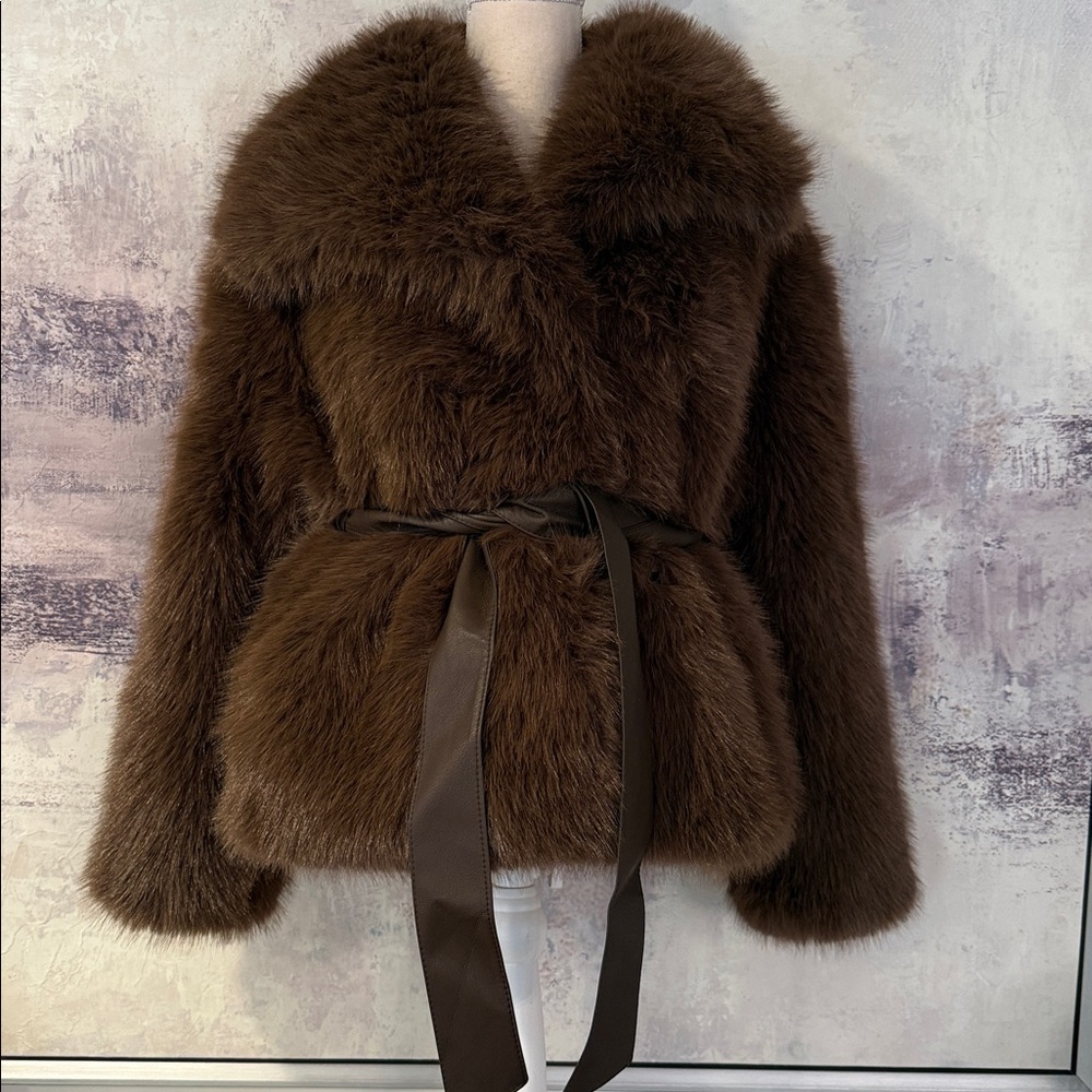 Teddy Fur Belted Jacket - Brown